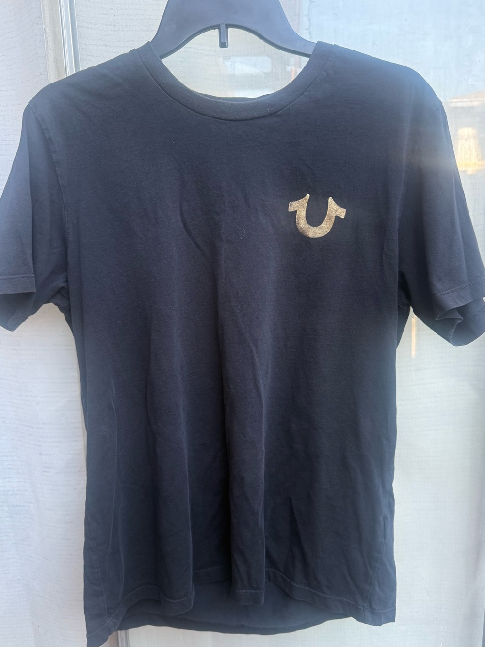 True Religion Black Short Sleeve Tee with buddha gold Logo